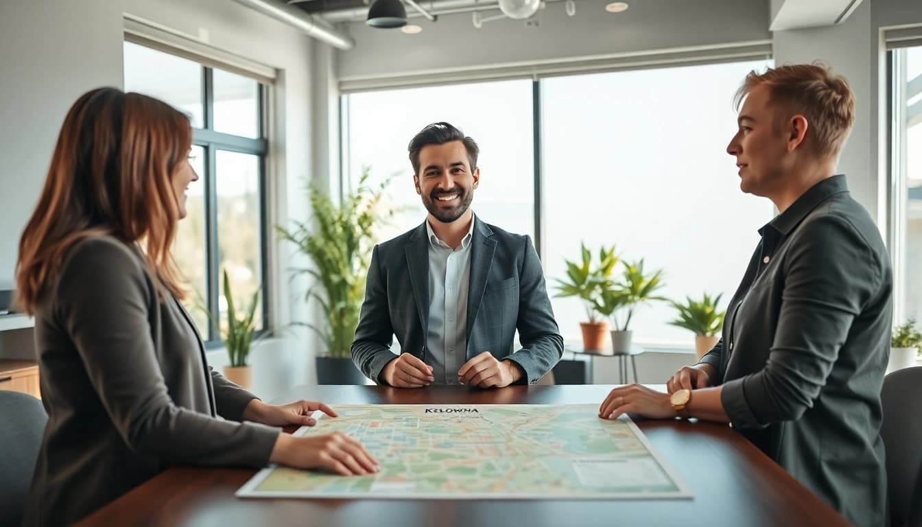 Best realtor Kelowna discussing property options in a bright office.