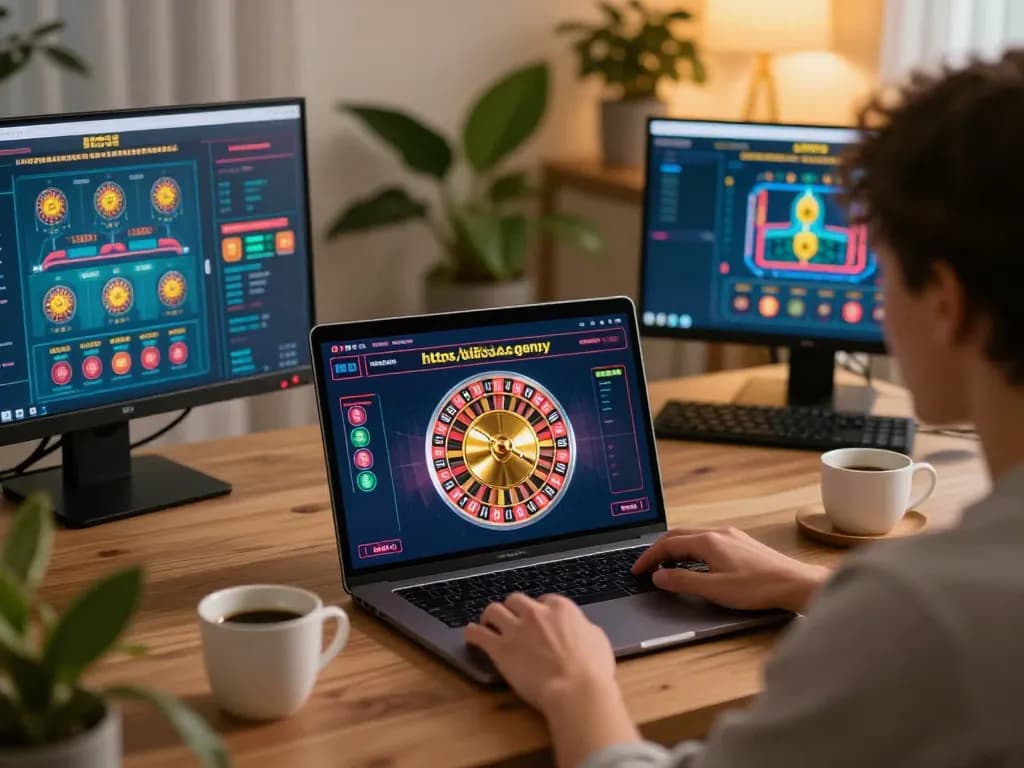Experience live roulette gameplay on a laptop, showcasing interactive betting at https://bl555.agency/ in a cozy home office.