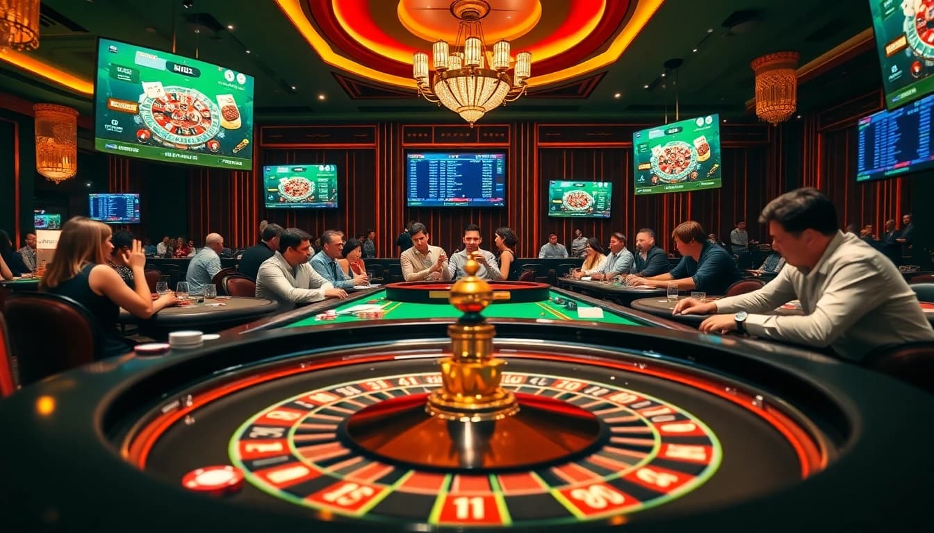 A dynamic gambling scene at https://nhandinhkeonhacai.news/ showcasing excitement at a roulette table with vibrant poker chips.