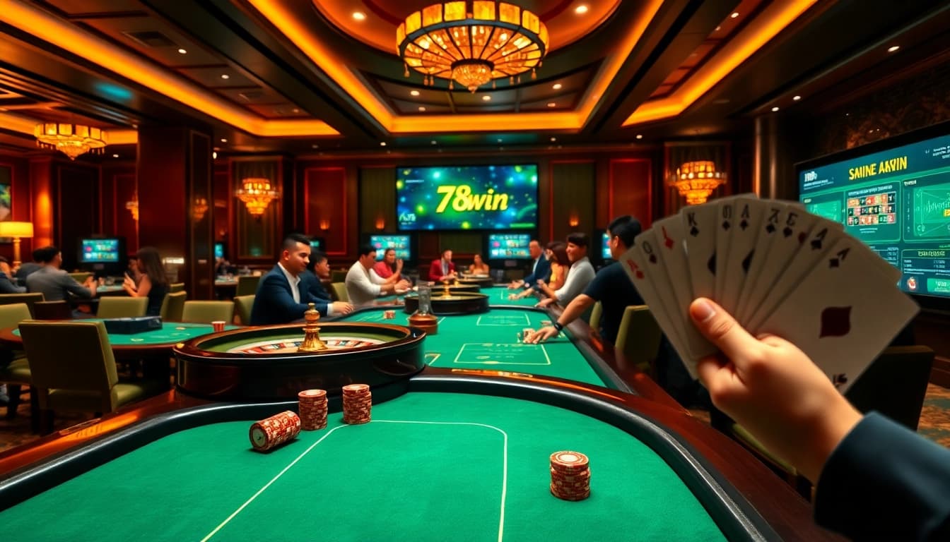 78Win players enjoying an exciting poker game in a luxurious casino setting.