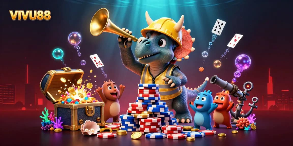 VIVU88 features a triceratops building poker chips amidst an underwater casino scene with glowing treasures.