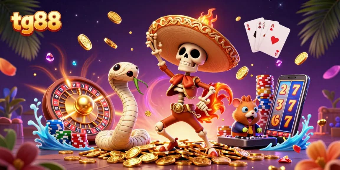 Experience the thrill of tg88 with a festive, vibrant casino scene featuring playful characters and dynamic game elements.