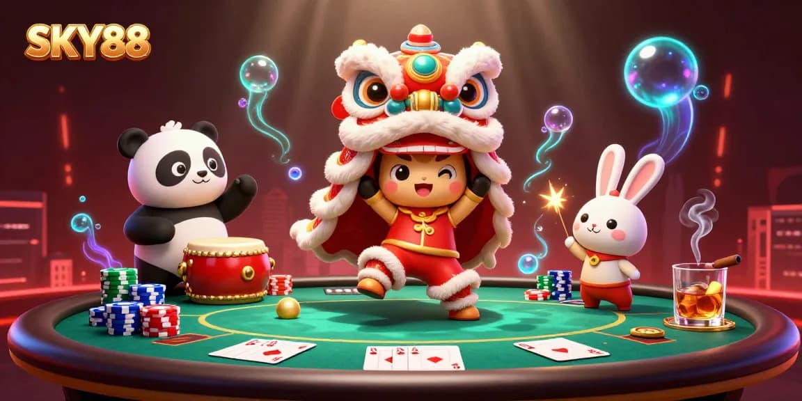 Experience the thrill of winning at SKY88 with vibrant gaming characters and dynamic casino elements.