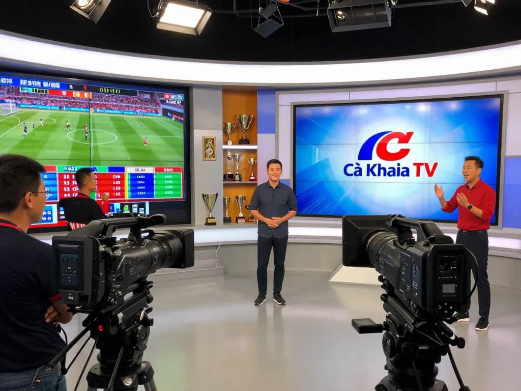 Engaging live sports broadcasting scene featuring Cà Khịa TV with dynamic hosts and vibrant graphics.