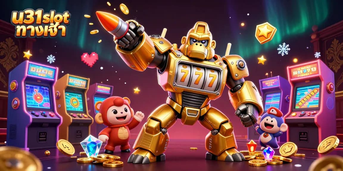 เข้าร่วมสนุกกับ u31 slot ทางเข้า ด้วยภาพ 3D ของหุ่นยนต์โกลเด้นกอริลลาในคาสิโน