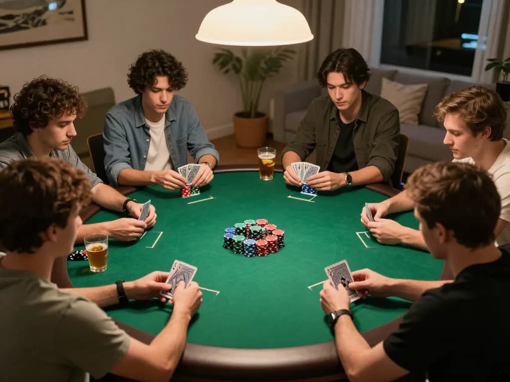 Players enjoy a thrilling poker night with strategic gameplay, featuring Da88 chips and colorful cards.