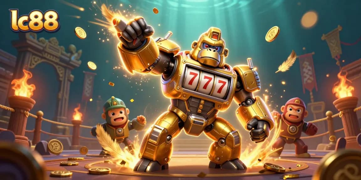 Engage in thrilling gameplay at lc88, featuring a dynamic 3D cartoon design showcasing casino elements and a golden gorilla mech.