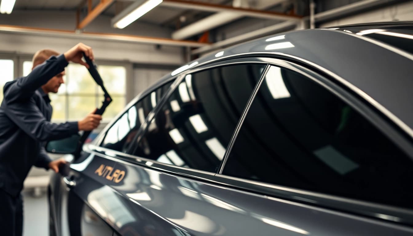 Get expert auto window tint near me with professionals applying high-quality tint to a car.
