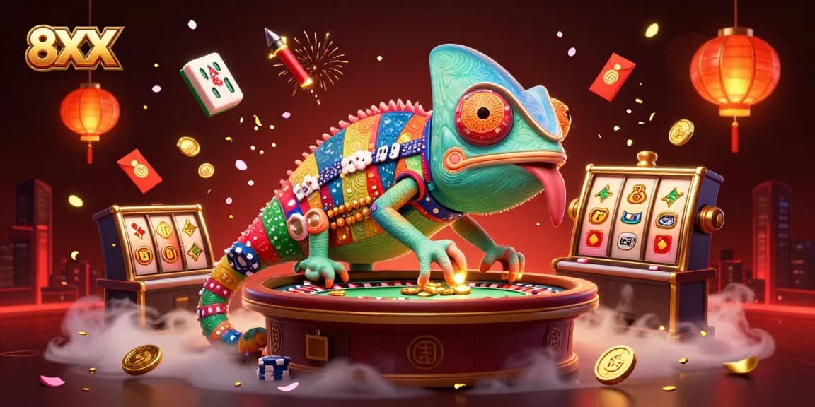 Experience the vibrant 8XX casino scene with a cartoon chameleon capturing coins among rich gaming elements.