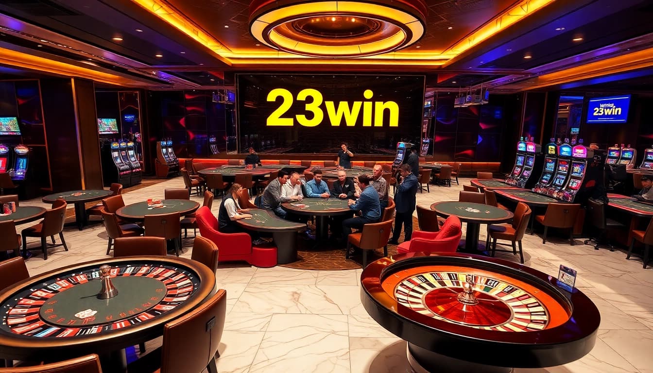 Engaged players enjoying thrilling games at 23win casino, showcasing excitement and luxury.