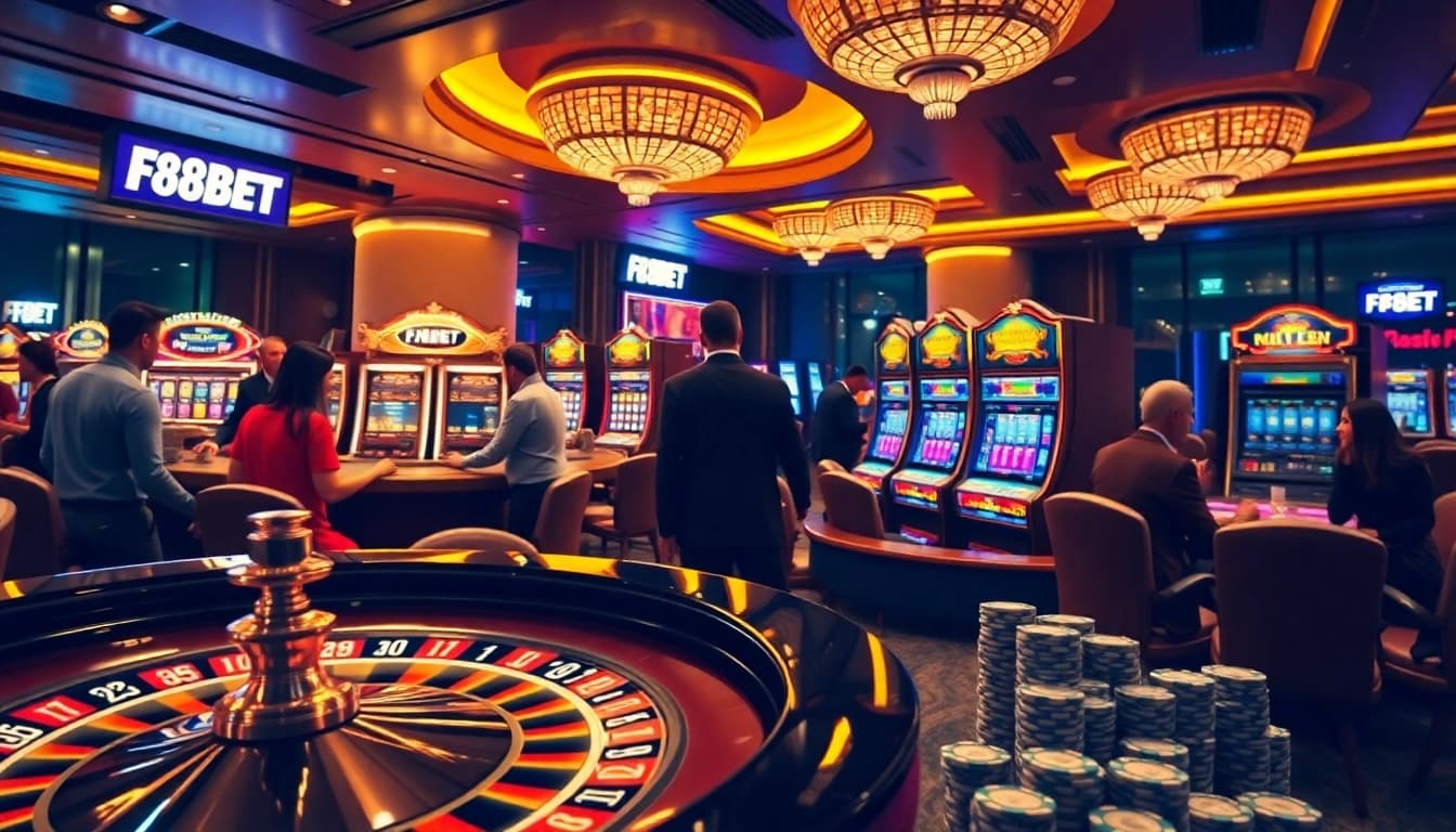 Excited players enjoy a vibrant F8BET casino scene with roulette tables and slot machines.
