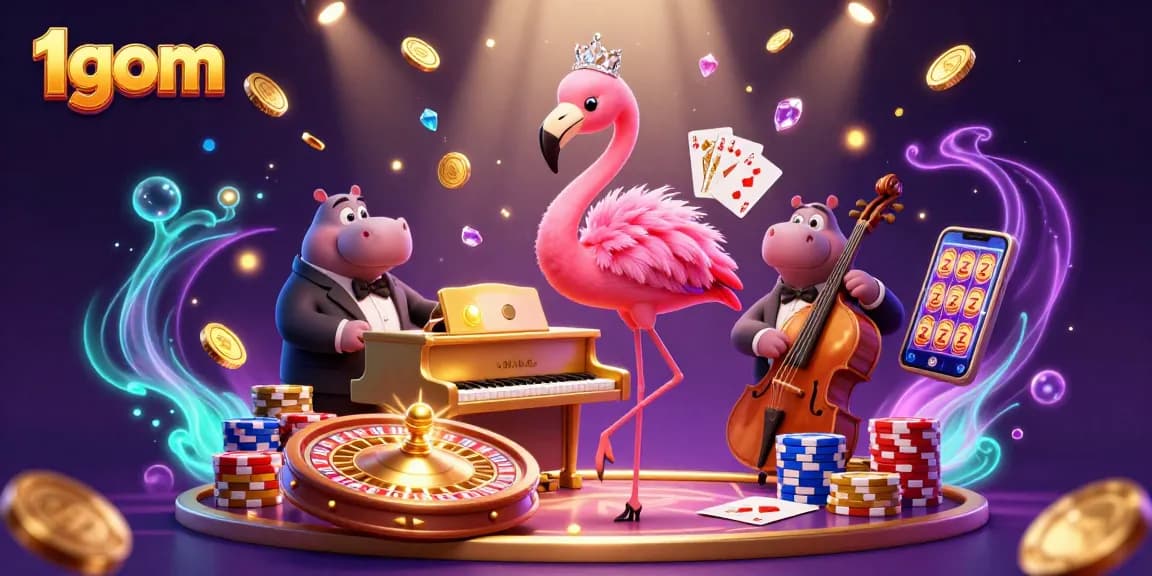 Bet on 1gom with the vibrant scene of a flamingo lounge singer and hippo bassist in a dynamic casino.