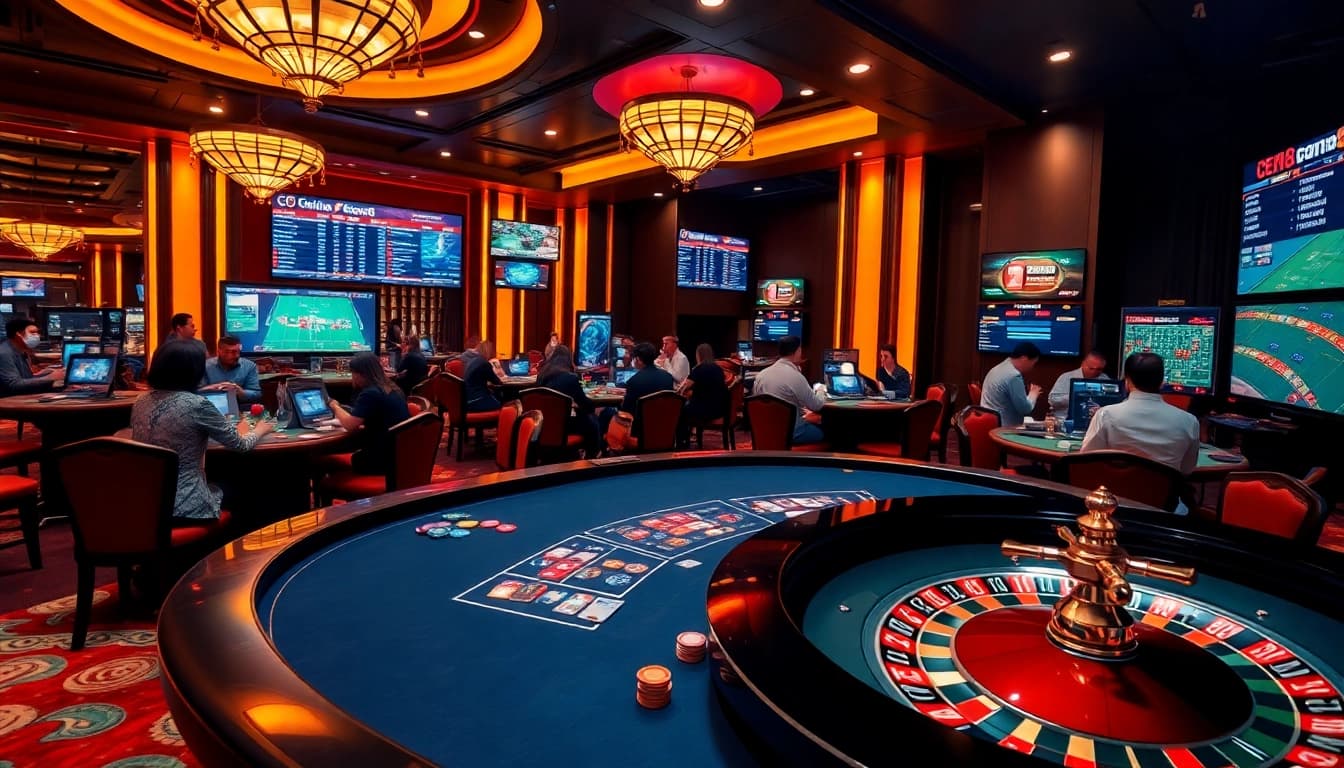 Players enjoying thrilling games at CM88 casino with vibrant tables and online betting screens.