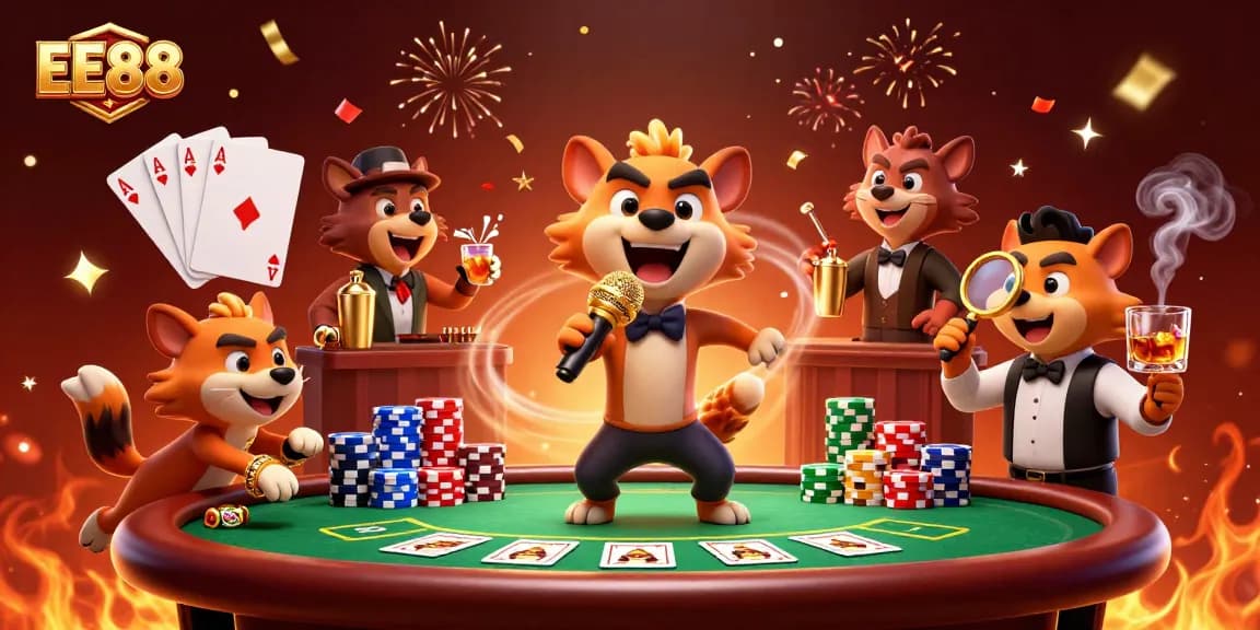 EE88 hyenas hosting a vibrant comedy casino night, filled with poker chips and confetti