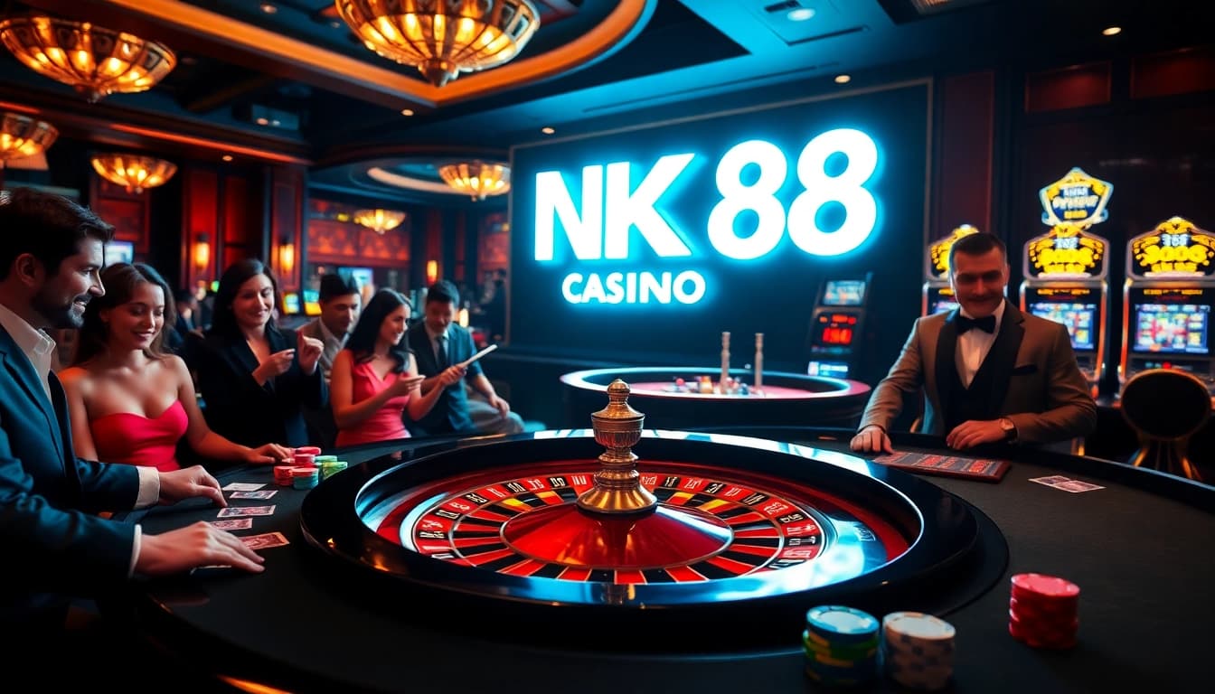 Gamblers enjoying a vibrant NK88 Casino experience at a roulette table with colorful chips and cards.