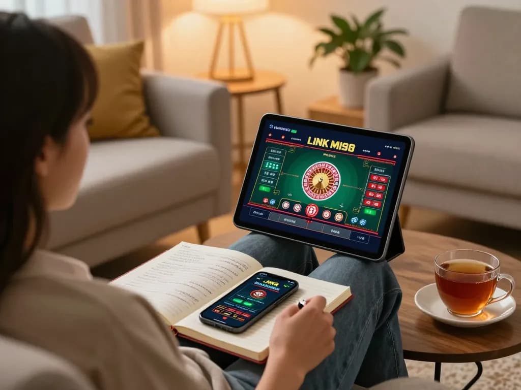 Engaging with LINK MI88 online casino app on a tablet during a cozy home gaming session.