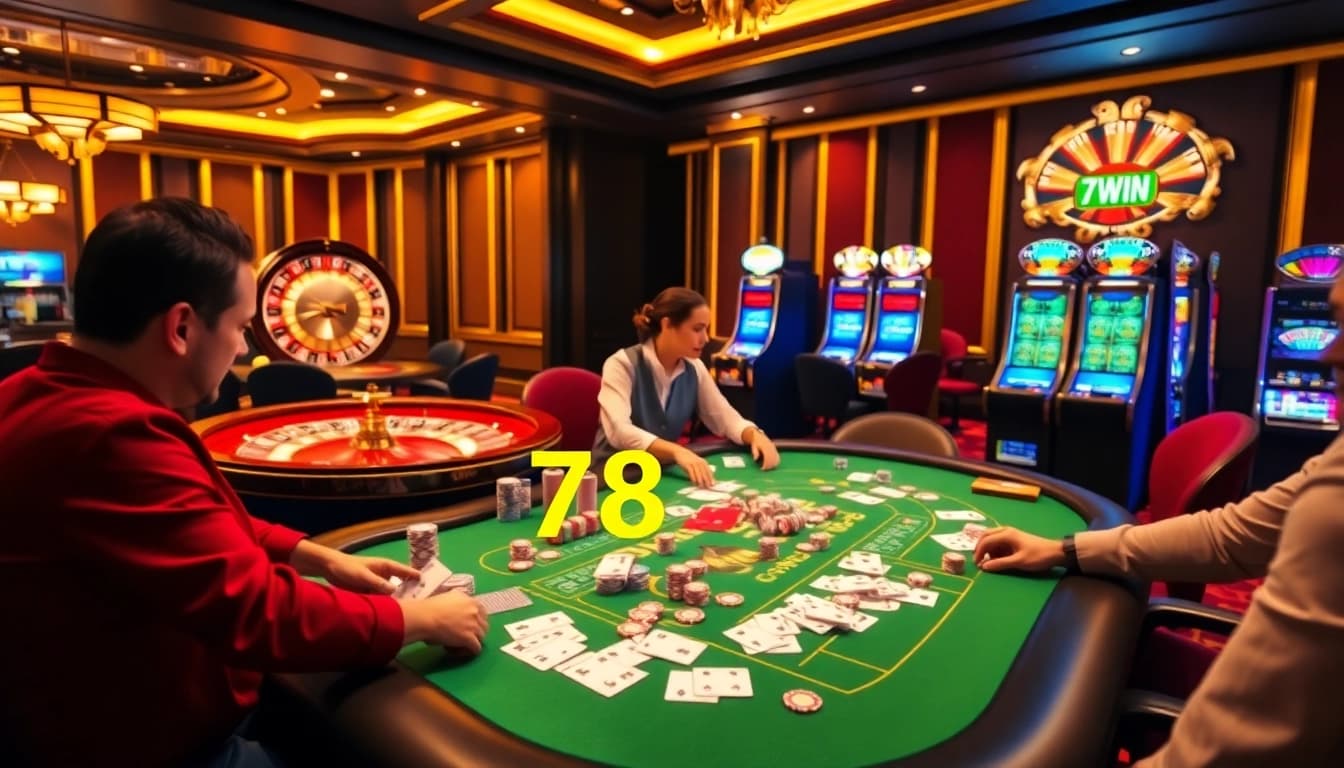 Players strategizing at 78Win's poker table, surrounded by vibrant casino elements.
