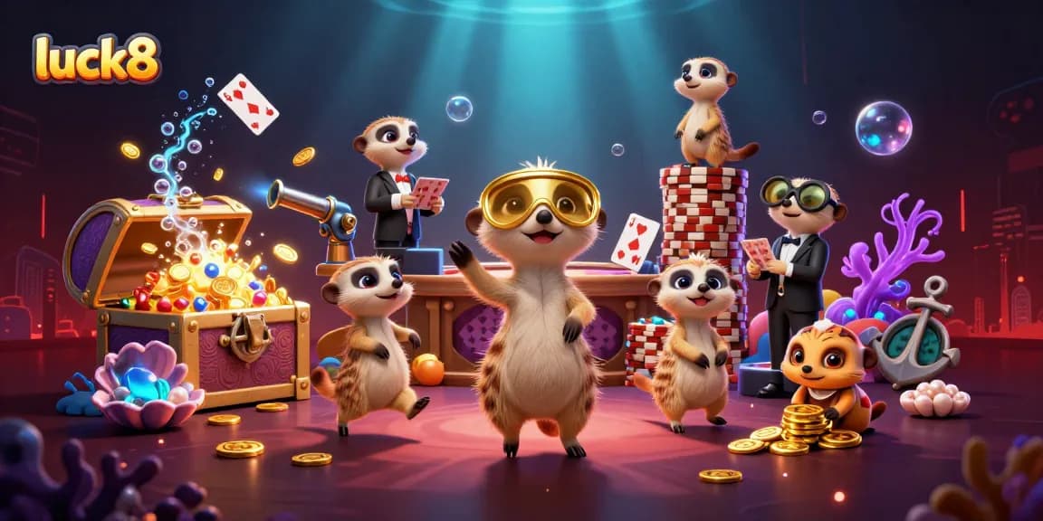 Engage in thrilling gaming at luck8 with cartoon meerkats orchestrating an exciting casino adventure.