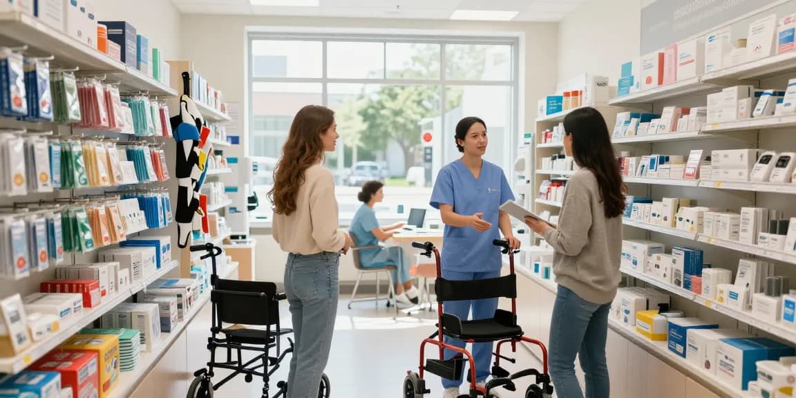Engaging scene in a medical supply store showcasing various health products and services.
