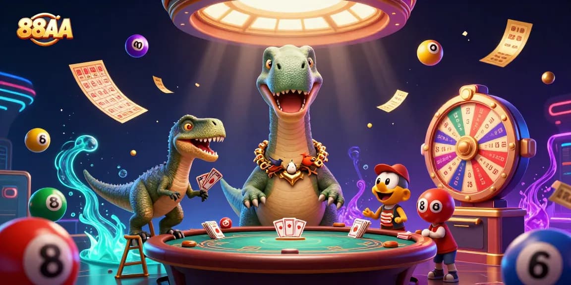 Experience excitement with 88AA in a vibrant casino setting featuring colorful lottery balls and dynamic card dealing.
