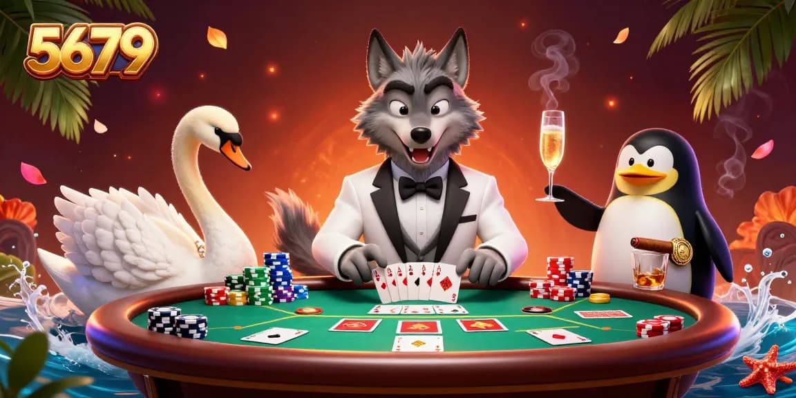 Join a lively baccarat game at 5679 with cartoon characters engaging in thrilling gambling action.