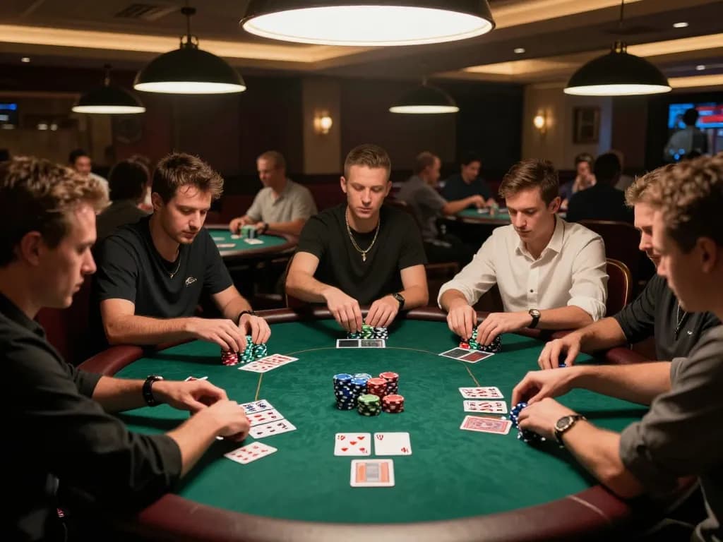 ONE88 poker players engaged in intense gameplay, showcasing strategy and competition in a luxurious casino.