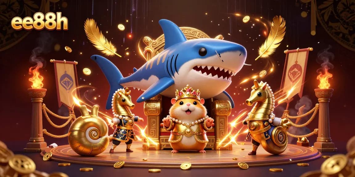 ee88h invites players to conquer the casino realm with a golden hamster king surrounded by treasures.