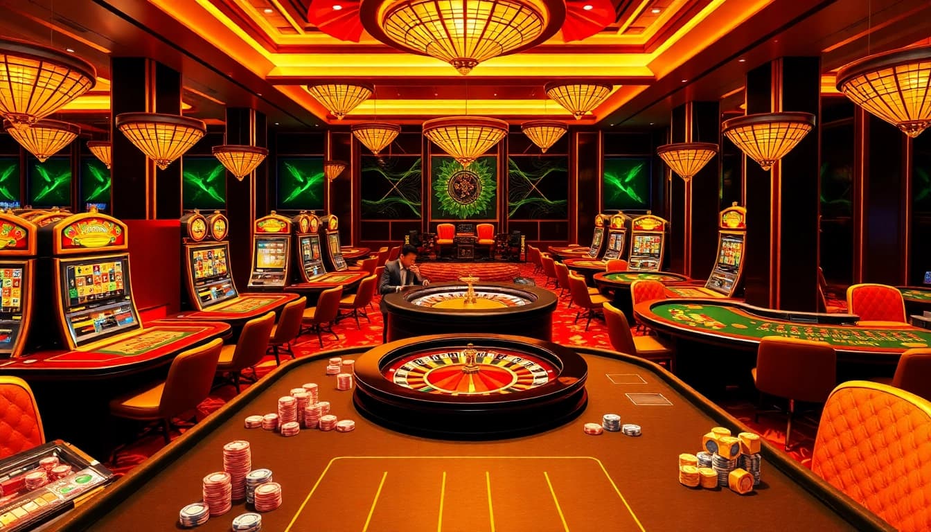 Players enjoying a vibrant casino scene at vipwin with poker chips and slot machines.