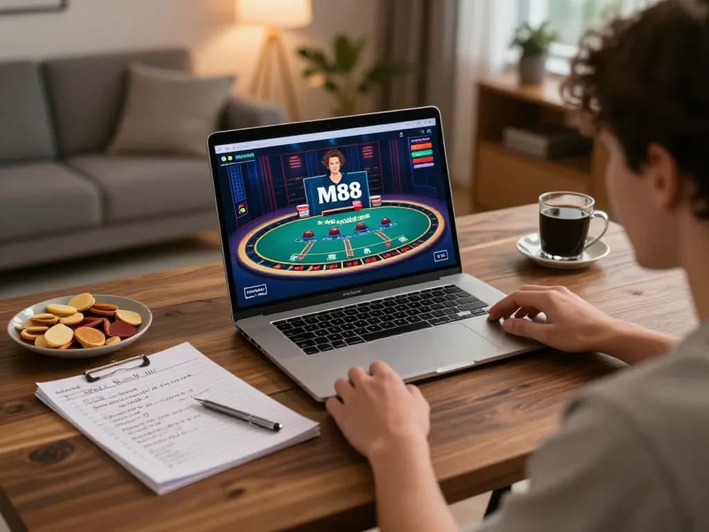 Experience online gaming with M88 as users engage in live dealer blackjack at home.