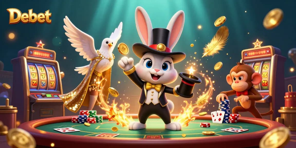 Engage in thrilling casino action with Debet, featuring a magician rabbit, poker chips, and golden coins.