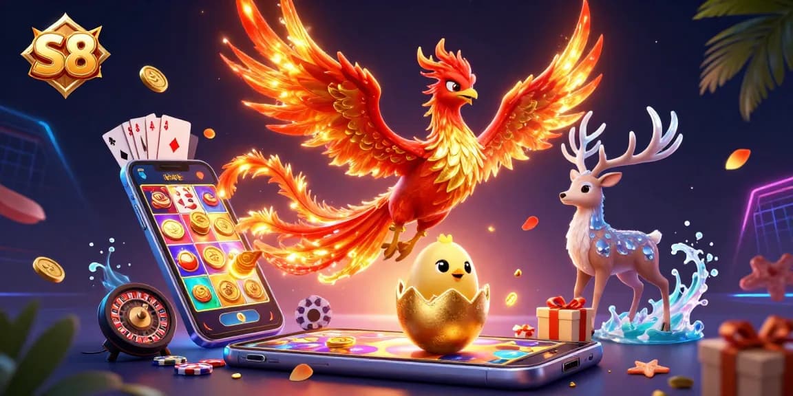 S8 showcases thrilling casino experience with vibrant phoenix, dynamic games, and golden winnings.