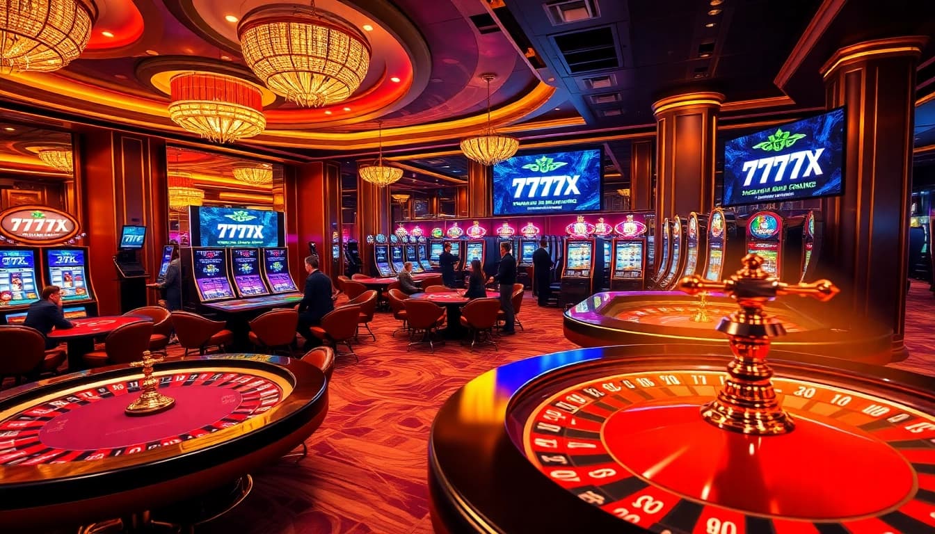 Players enjoying intense poker action at 777X casino, surrounded by vibrant roulette wheels and slot machines.