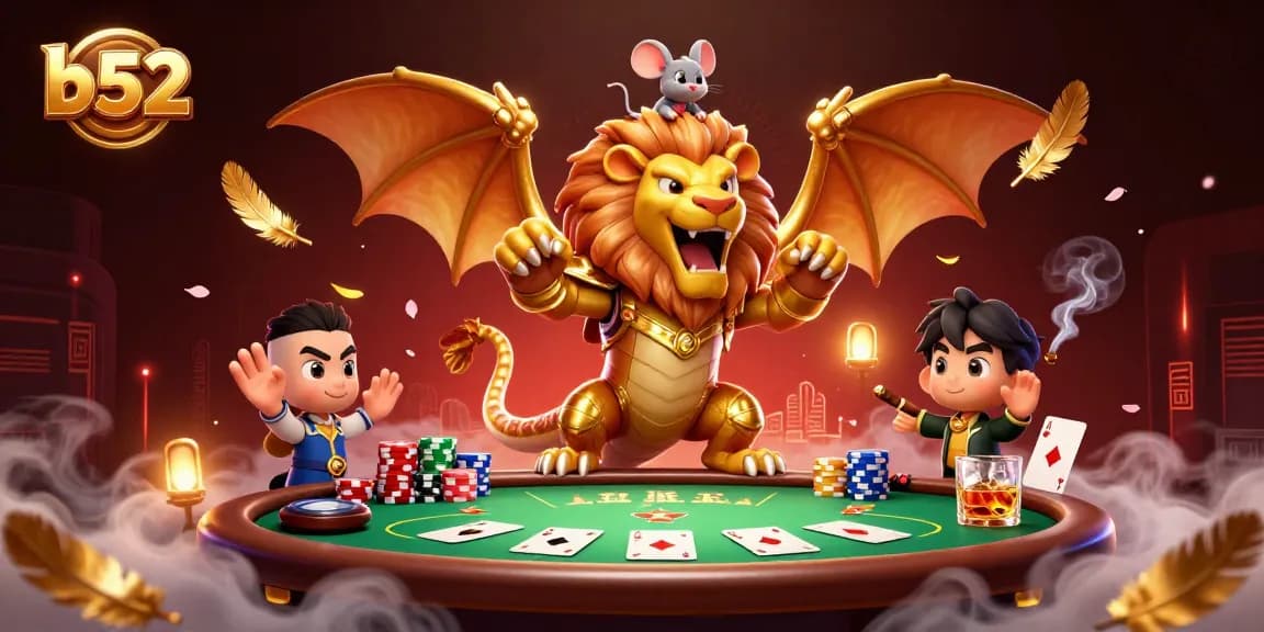B52 casino offers thrilling gameplay with colorful poker elements and a dynamic chimera roar.