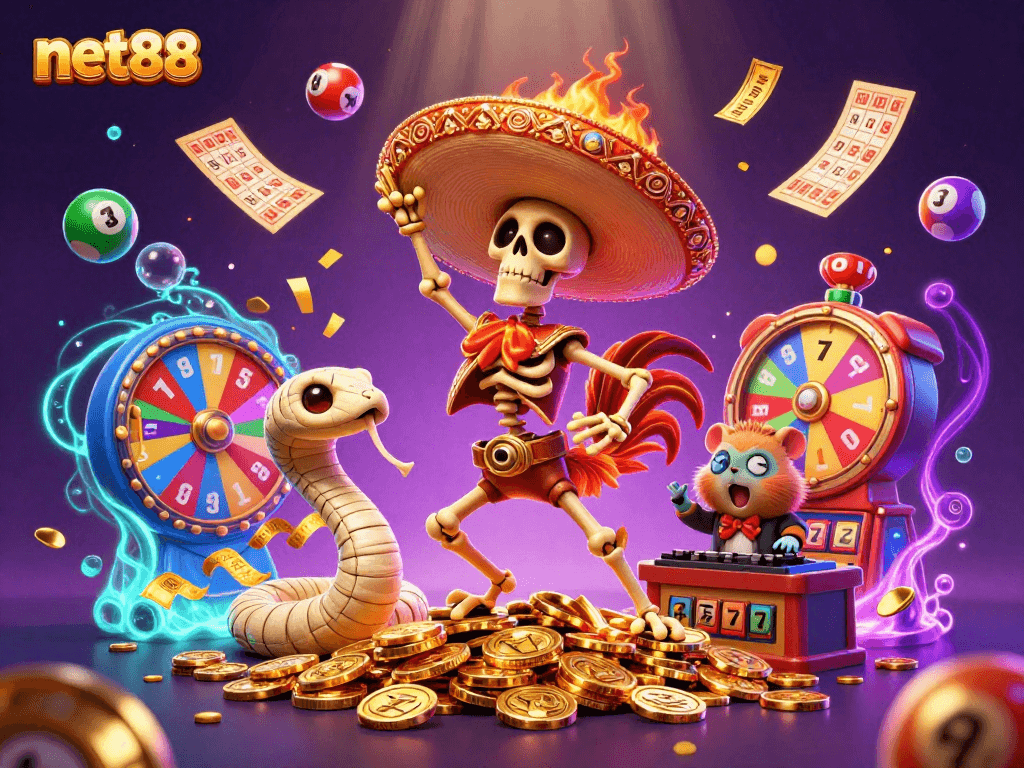 Experience thrilling wins with net88 in this vibrant, dynamic casino illustration.