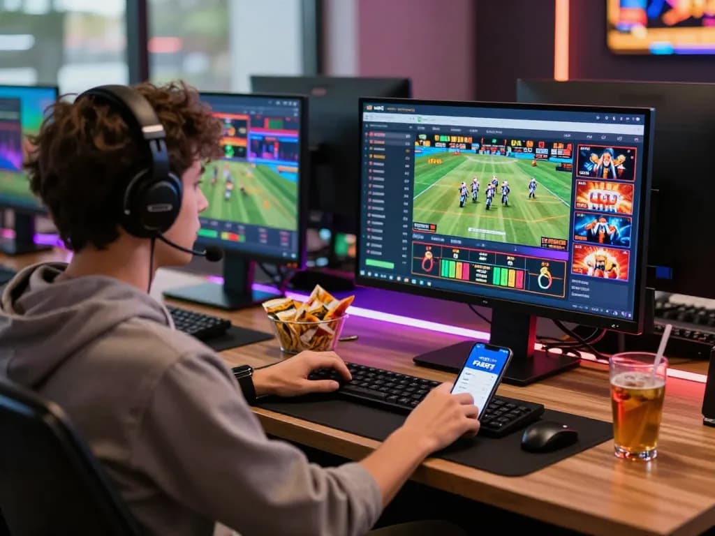 Engaging online betting scene with FABET interface on stylish setup, showcasing live sports and casino excitement.