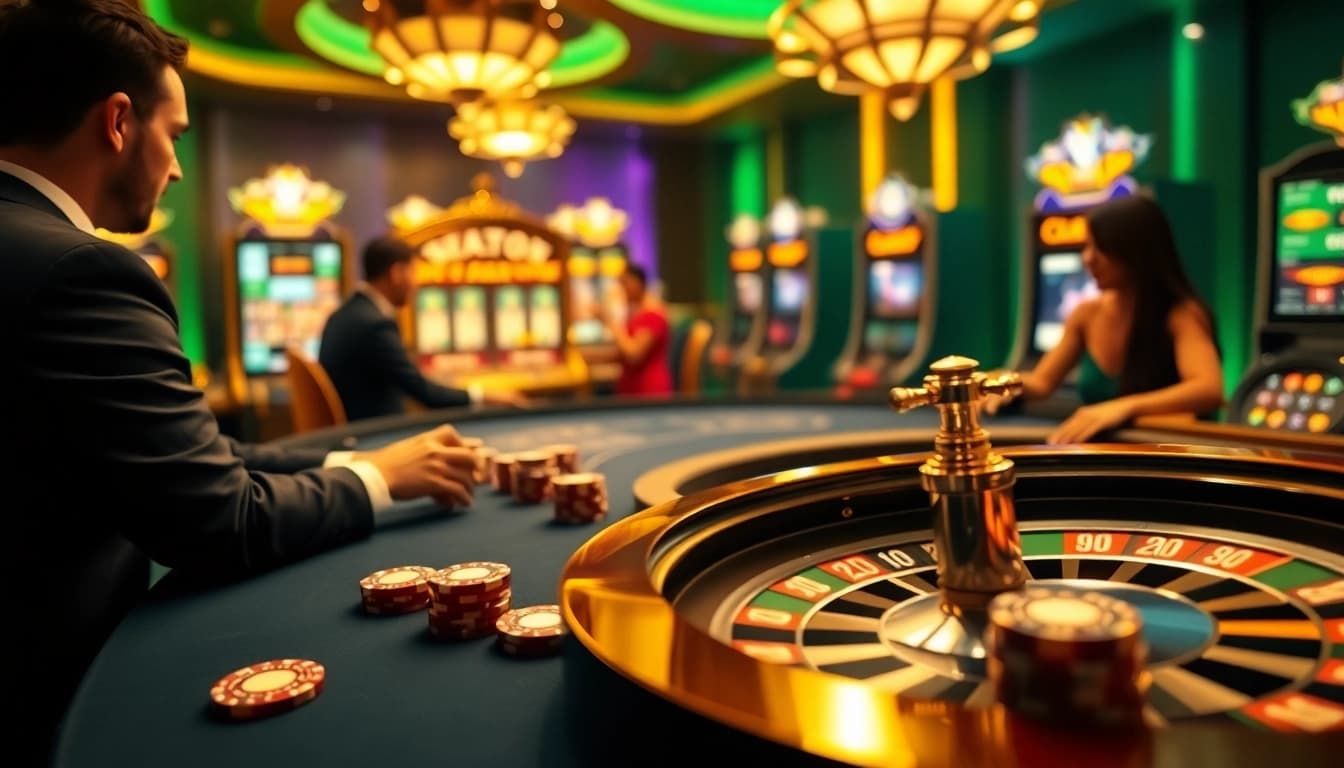 Experience the thrill of high-stakes gaming in a luxurious casino scene featuring okwin-themed gambling elements.