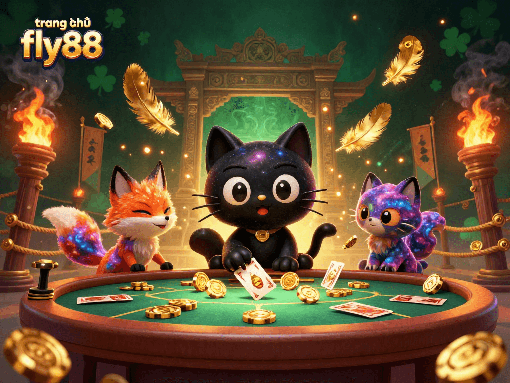 Engage with the thrilling atmosphere of trang chủ fly88 as a cosmic cat pulls in golden chips at a vibrant casino.