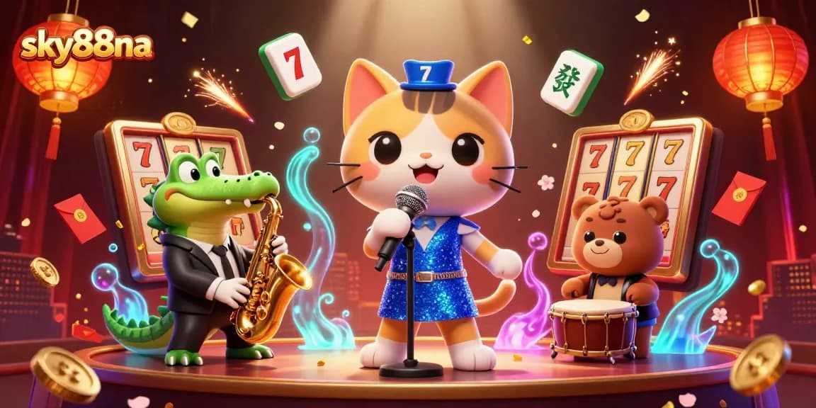 Engage with innovative gaming at sky88na featuring a lively scene with a jazz-singer cat, saxophone crocodile, and bear cub on stage.