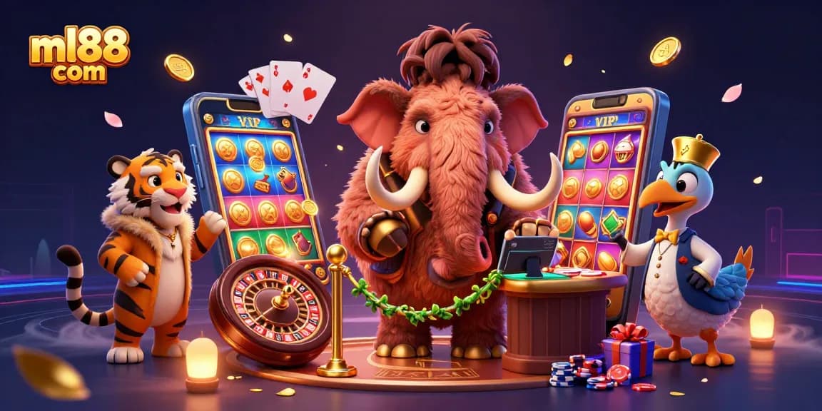 Experience the thrill at ml88 com, a vibrant casino scene with a woolly mammoth checking IDs.