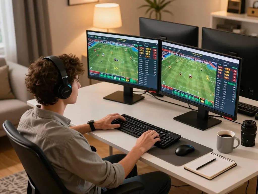 Engaging in online sports betting at https://ta88pro.com/ with dual monitors displaying live odds and events.