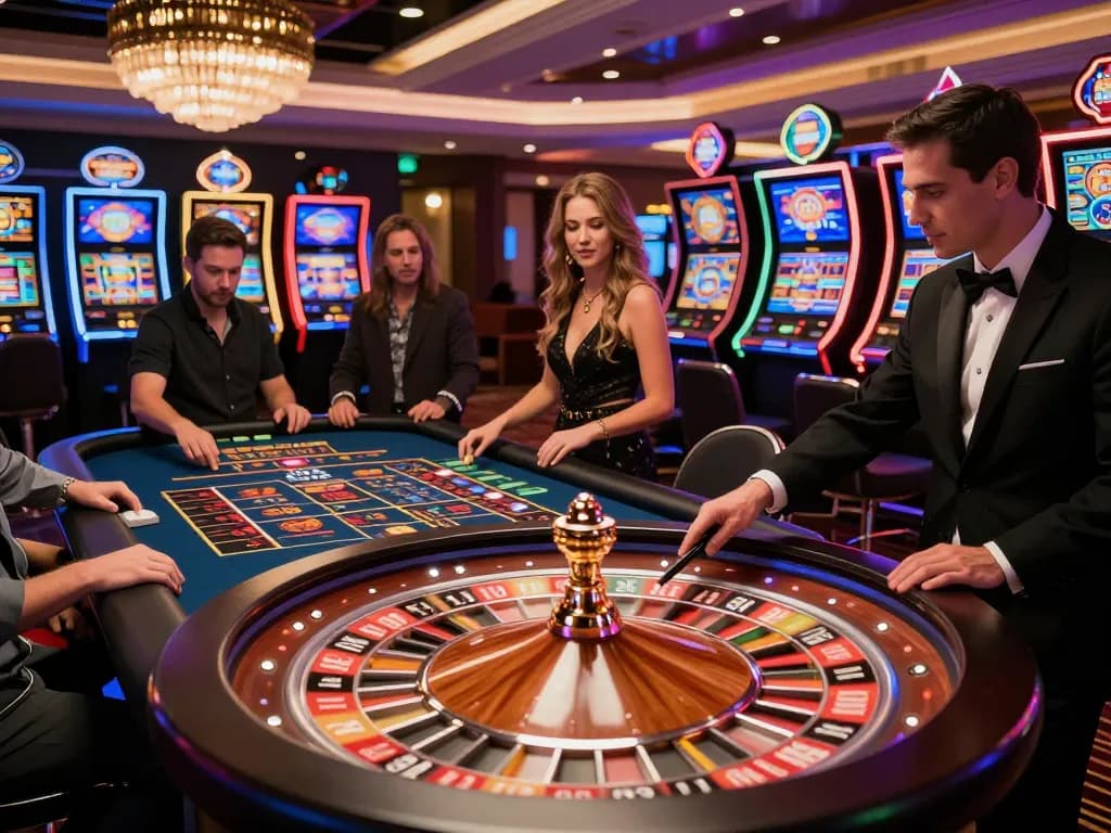 FLY88 roulette table with players betting in an upscale casino