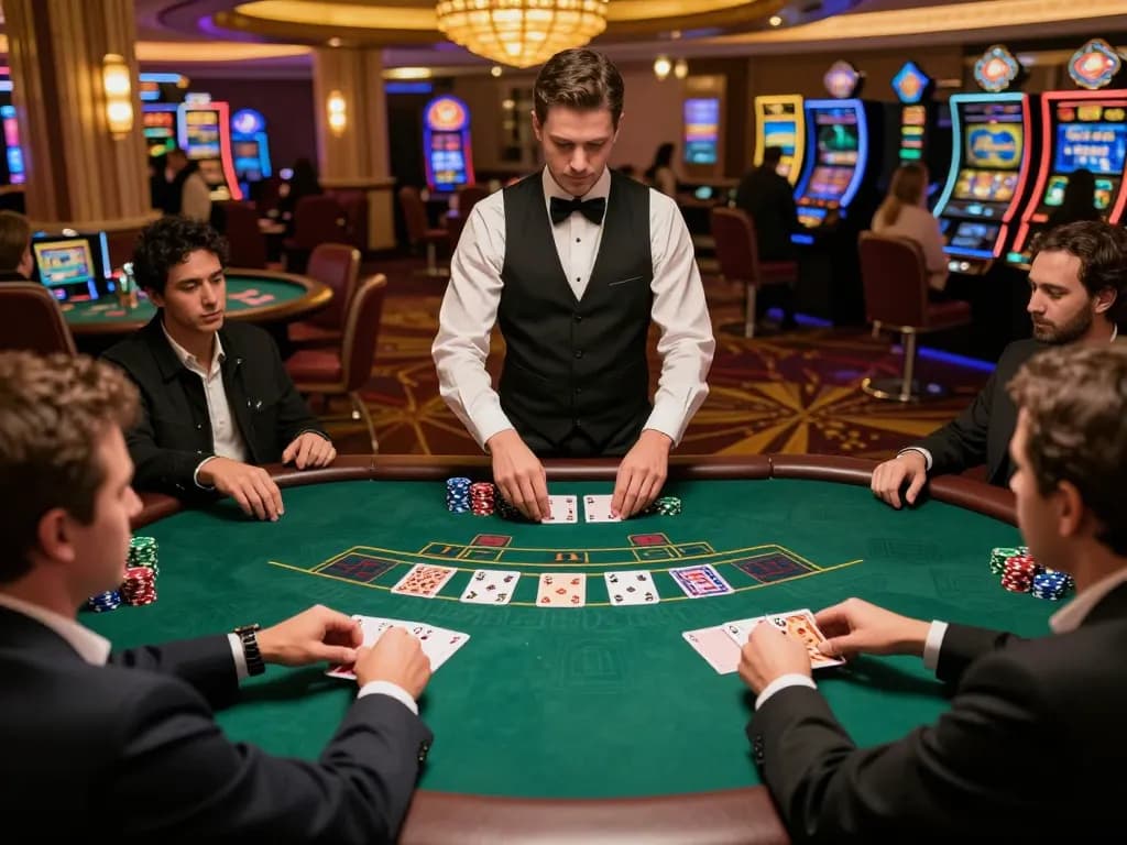 Players engage in a high-stakes blackjack game at a casino, showcasing 3WIN strategies and excitement.