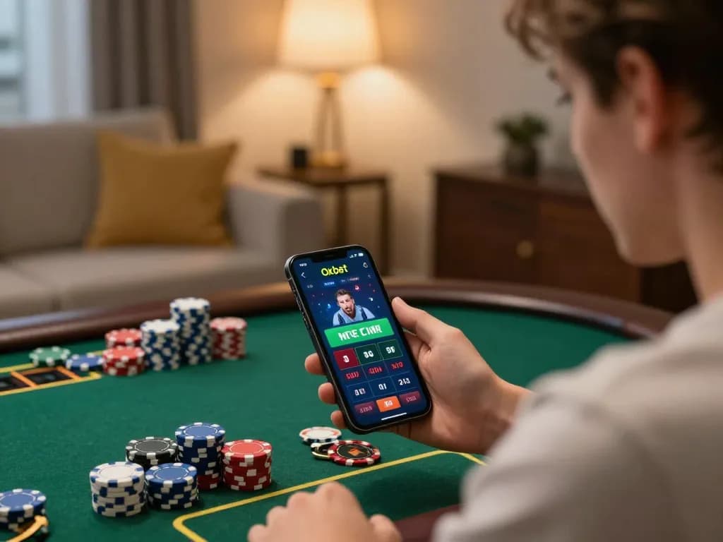Player strategizing on Oxbet app during online casino gameplay, highlighting excitement and focus.