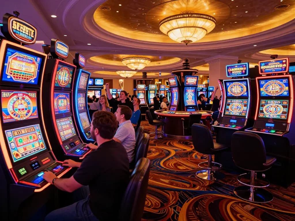 Players enjoying colorful slots and roulette action at lv88 com, capturing excitement in a Vegas casino.