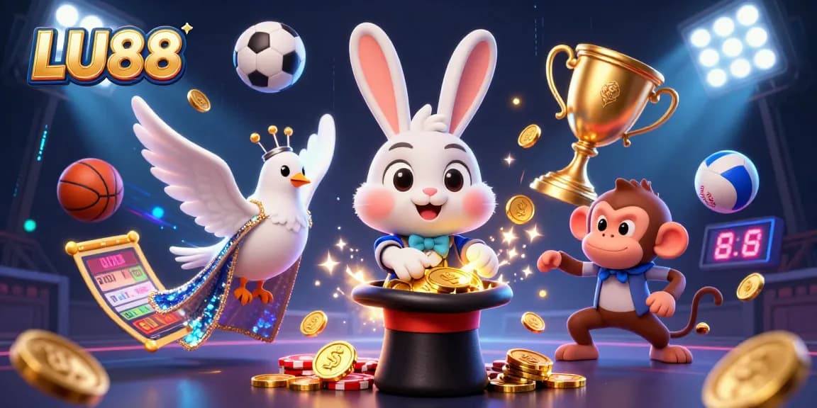 LU88 offers thrilling online casino action with vibrant characters, sports elements, and exciting gaming atmosphere.