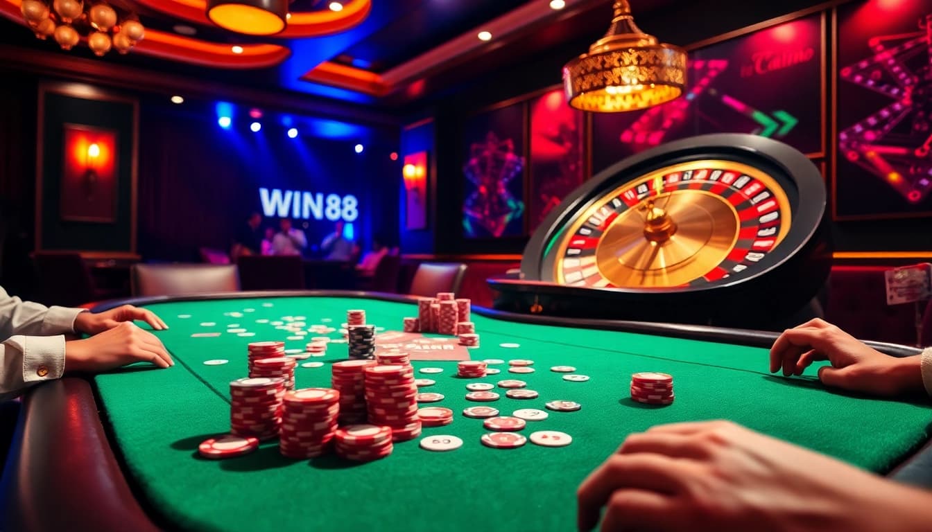 WIN88 players celebrating a big win at a luxurious casino poker table with vibrant atmosphere.