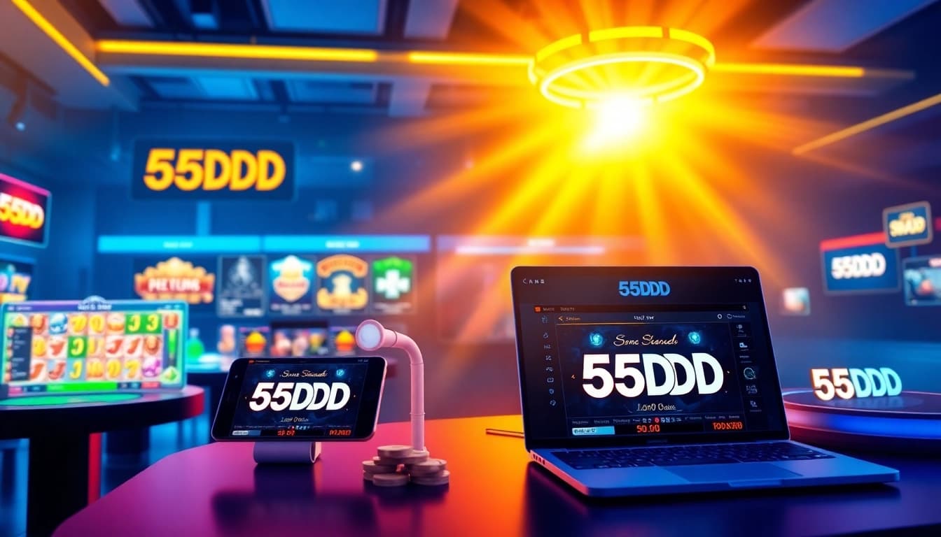 55DD betting platform with vibrant gaming interface showcasing slots, poker, and sports betting.