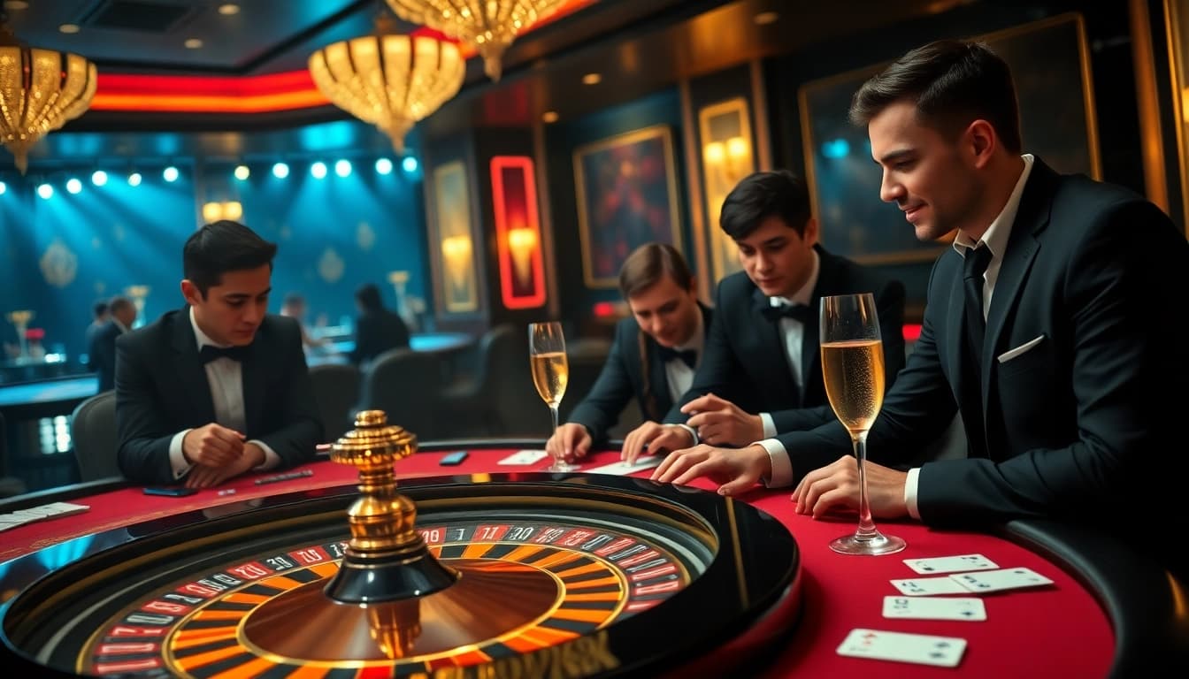 Players enjoying poker at QQ88's elegant casino table, showcasing gambling excitement.