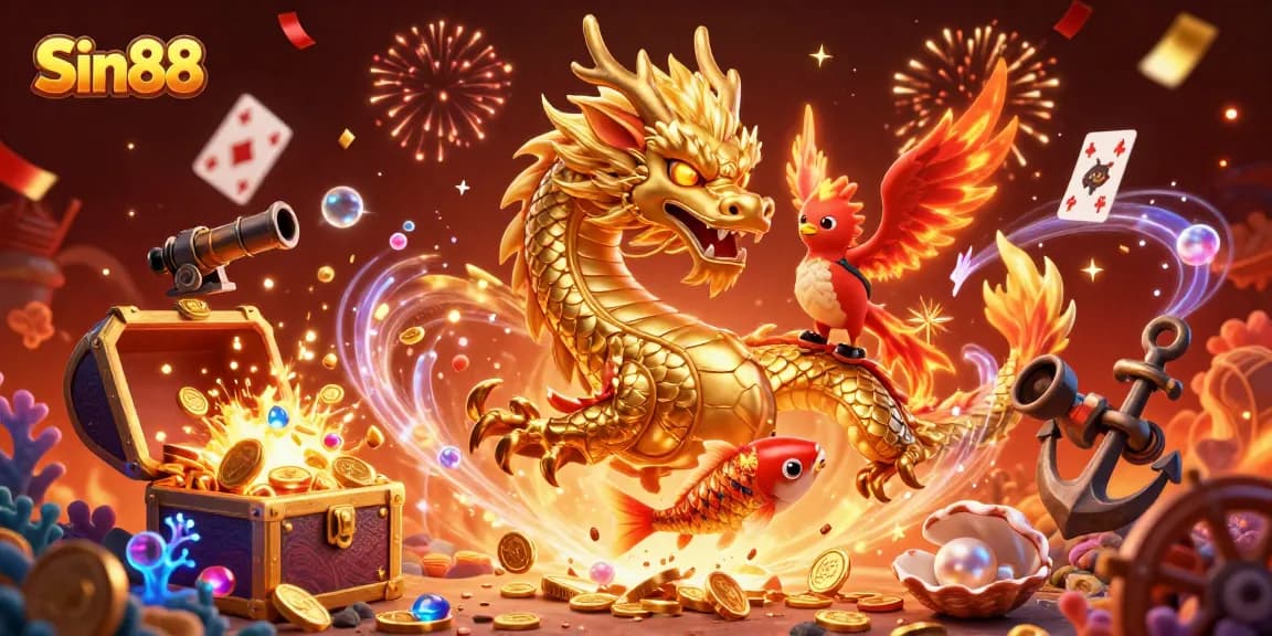 Experience the excitement of Sin88 with vibrant casino elements featuring a dragon, phoenix, and koi fish.