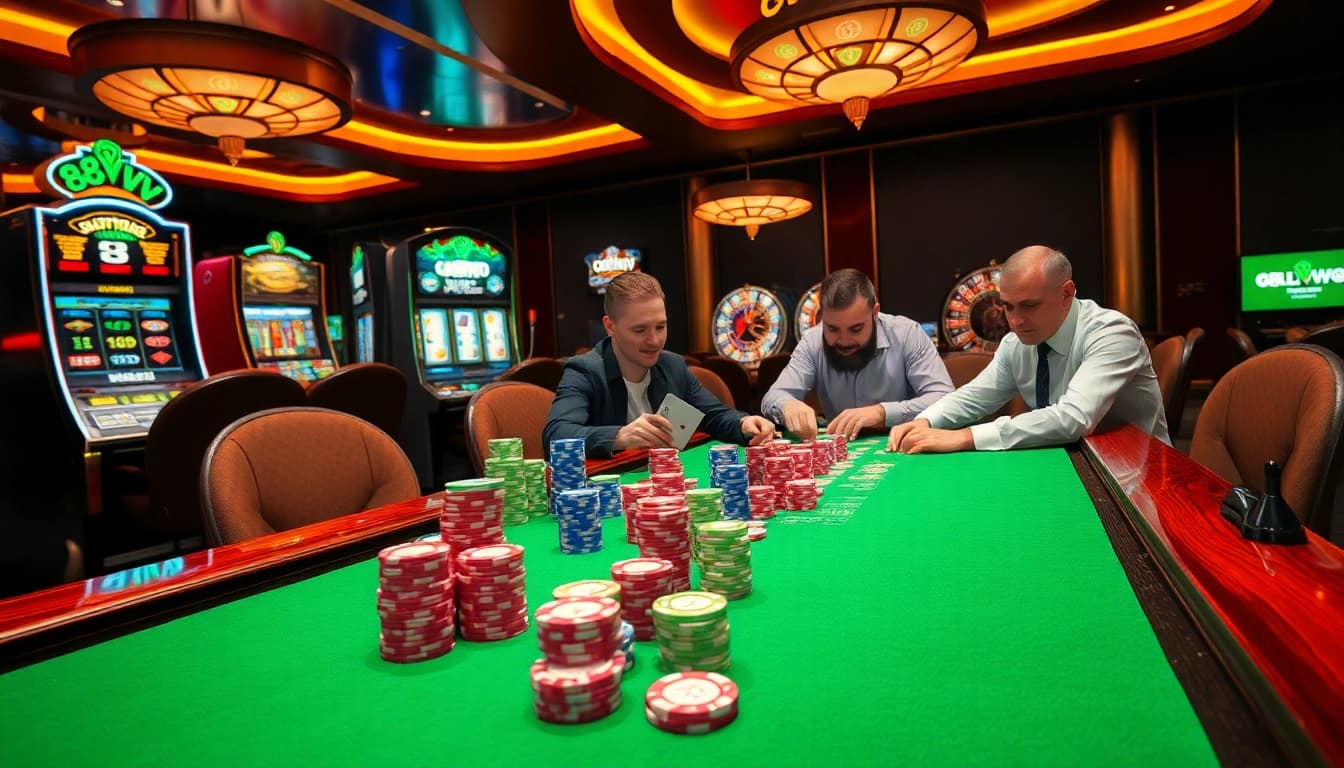 High-stakes poker players enjoying a thrilling game at 88VV casino table with vibrant chips and cards.